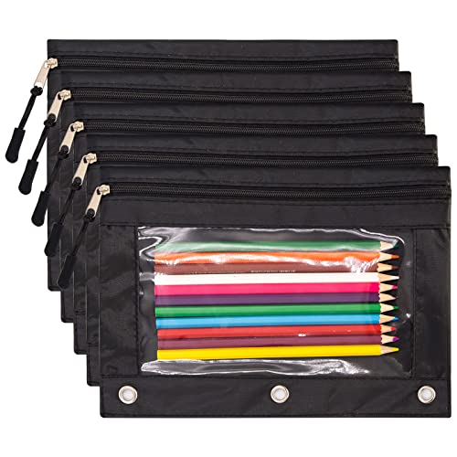 DoDoMagxanadu Binder Pencil Pouches, Pencil Pouch 3 Ring with Zipper Pulls, Clear Window Pencil Case with Rivet Enforced 3 Ring, Black 5 Pack - Image 1