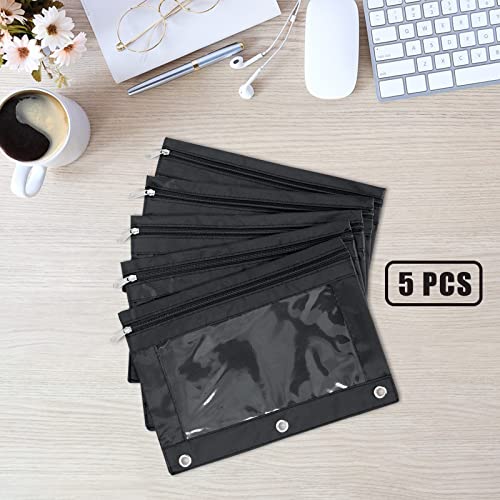 DoDoMagxanadu Binder Pencil Pouches, Pencil Pouch 3 Ring with Zipper Pulls, Clear Window Pencil Case with Rivet Enforced 3 Ring, Black 5 Pack - Image 3