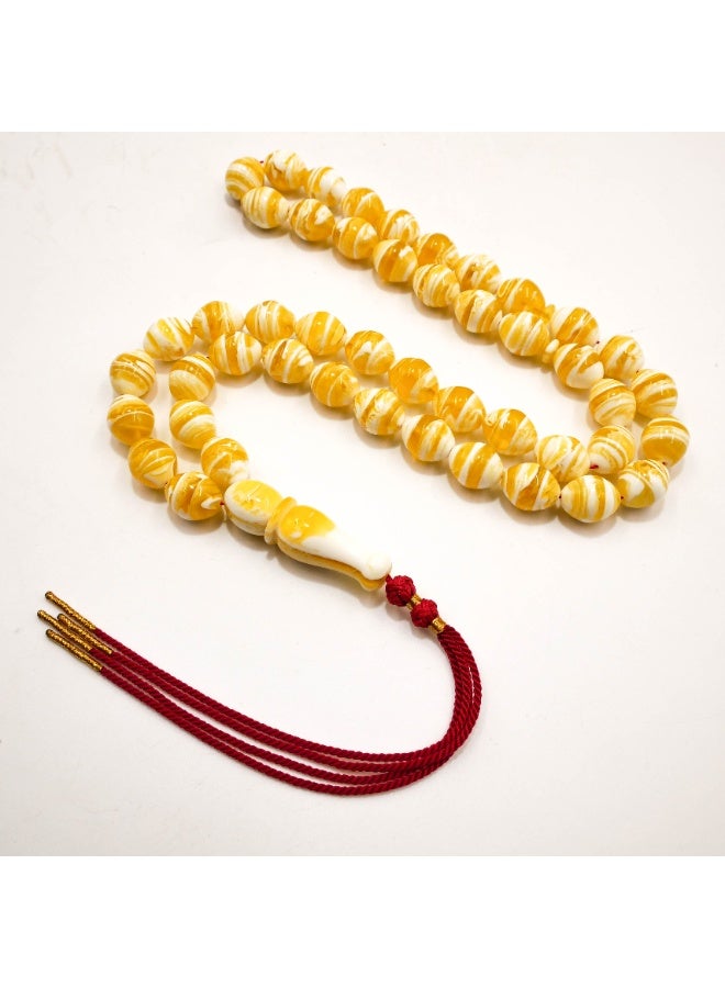 Luxury Amber Imitation Premium Mastic Tasbih 45 Beads | Yellow White Striped Mastika Misbaha | Natural Resin Prayer Beads for Dhikr | B45 S/W - Image 2