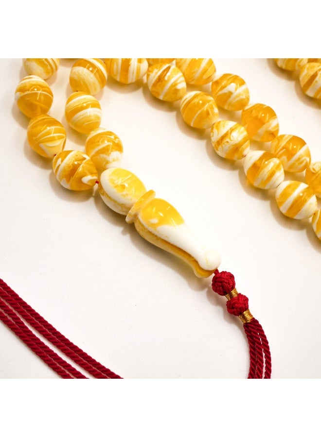 Luxury Amber Imitation Premium Mastic Tasbih 45 Beads | Yellow White Striped Mastika Misbaha | Natural Resin Prayer Beads for Dhikr | B45 S/W - Image 3