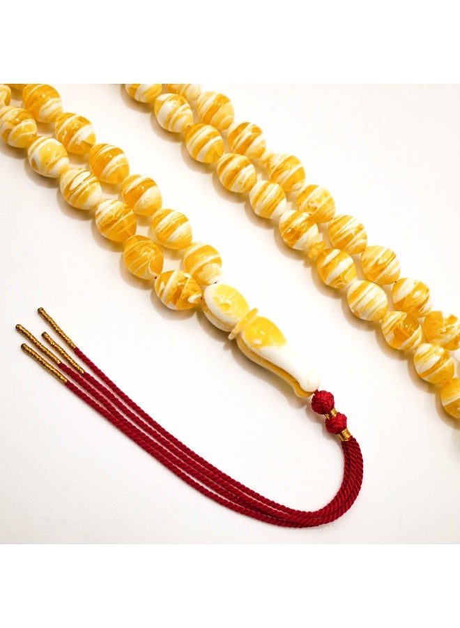 Luxury Amber Imitation Premium Mastic Tasbih 45 Beads | Yellow White Striped Mastika Misbaha | Natural Resin Prayer Beads for Dhikr | B45 S/W - Image 4