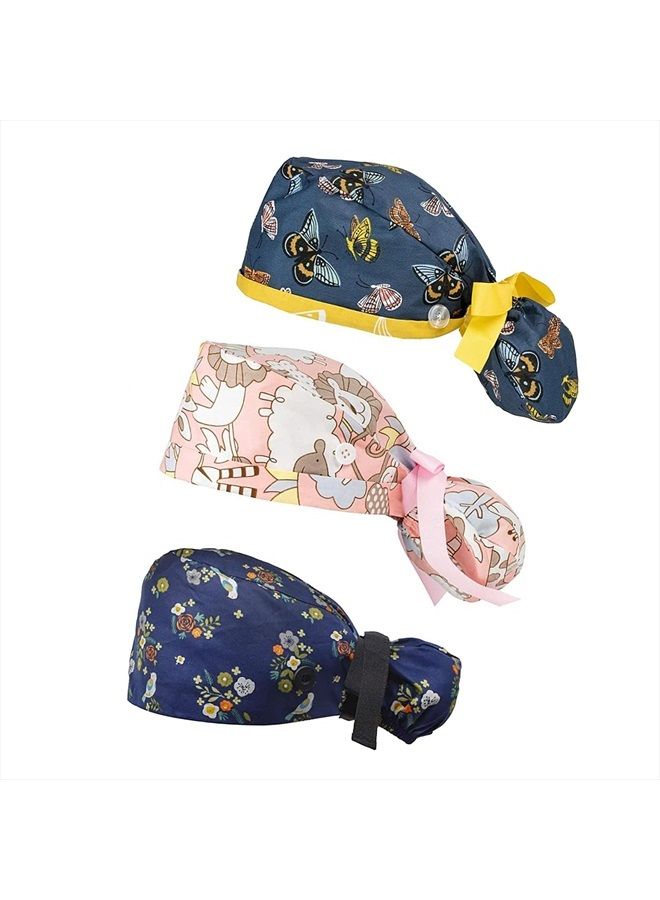 FOHEEL Scrub Hats Women Long Hair Surgery Cap Chemo Hats Cancer Headwear Head Scarfs Bouffant Caps Working Cap with Buttons and Ribbon Tie - Image 1