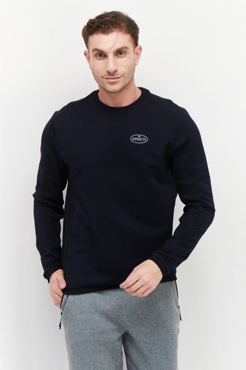 Bugatti Men Crew Neck Long Sleeve Brand Logo Sweatshirt, Navy - Image 1