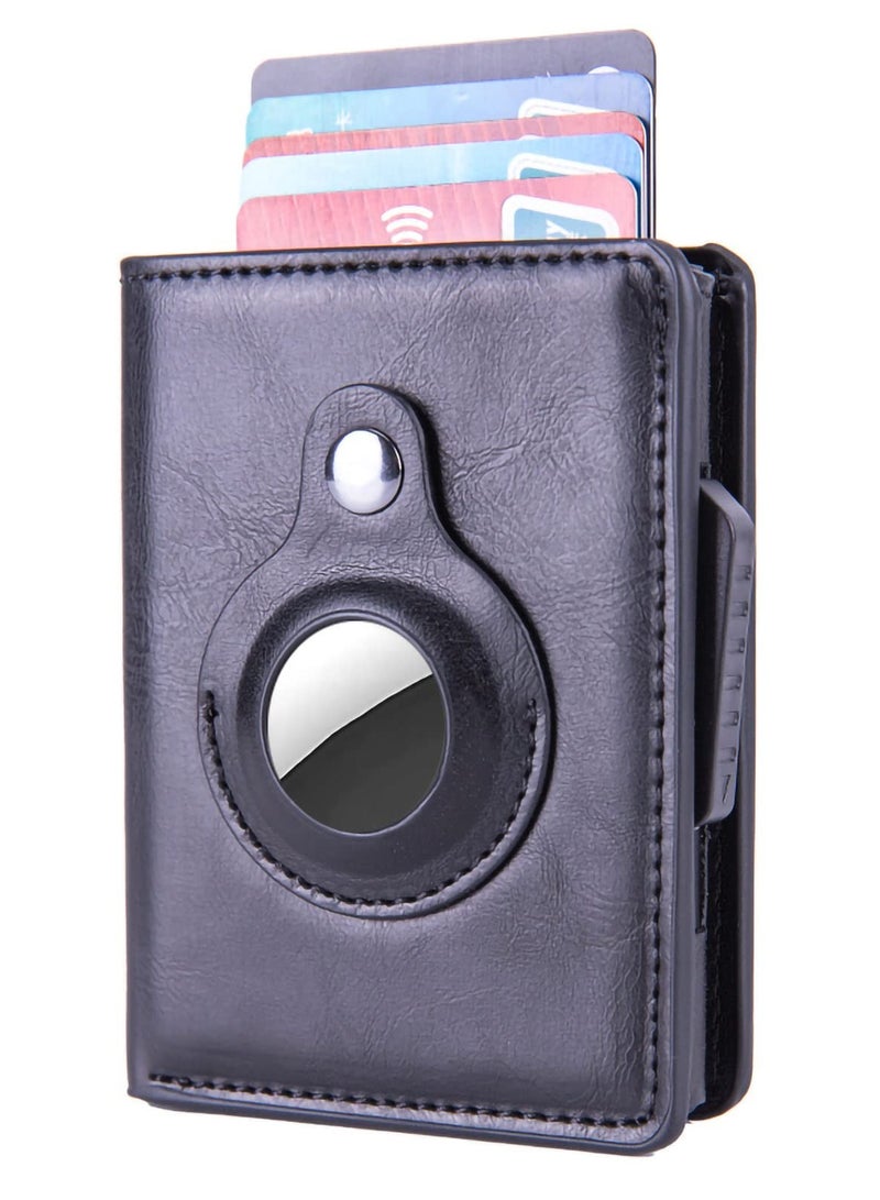 SYOSI Men Airtag Wallet Simple Credit Card Wallet Ultra-thin Pu Leather Money Clip Automatic Pop-Up Pocket Wallet (Black)  - Image 1