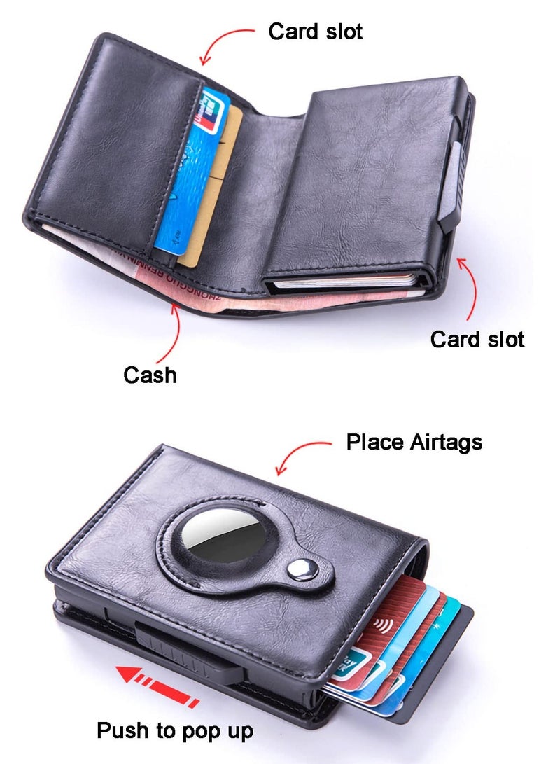 SYOSI Men Airtag Wallet Simple Credit Card Wallet Ultra-thin Pu Leather Money Clip Automatic Pop-Up Pocket Wallet (Black)  - Image 4