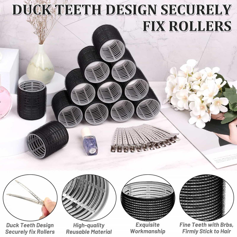 Acejoz Big Self-Grip Hair Curlers Rollers with Stainless Steel Duckbill Clips for Long, Medium, Thick Hair and Bangs Volume (Black) - Image 3