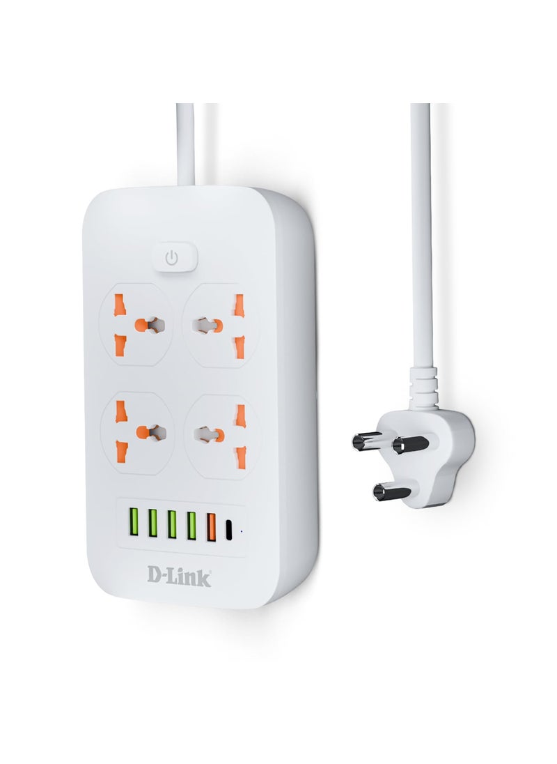 D-Link DLink Power Strip with 4 Universal Sockets with Child Security 5 USB Ports 1 TypeC Port High Temperature Fuse Protector 1500W with 2 Meter Cable  - Image 1