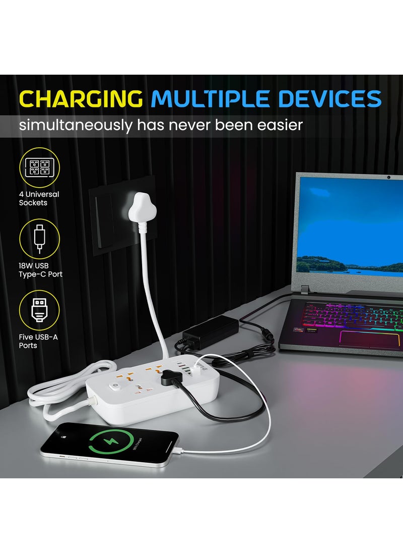 D-Link DLink Power Strip with 4 Universal Sockets with Child Security 5 USB Ports 1 TypeC Port High Temperature Fuse Protector 1500W with 2 Meter Cable  - Image 2