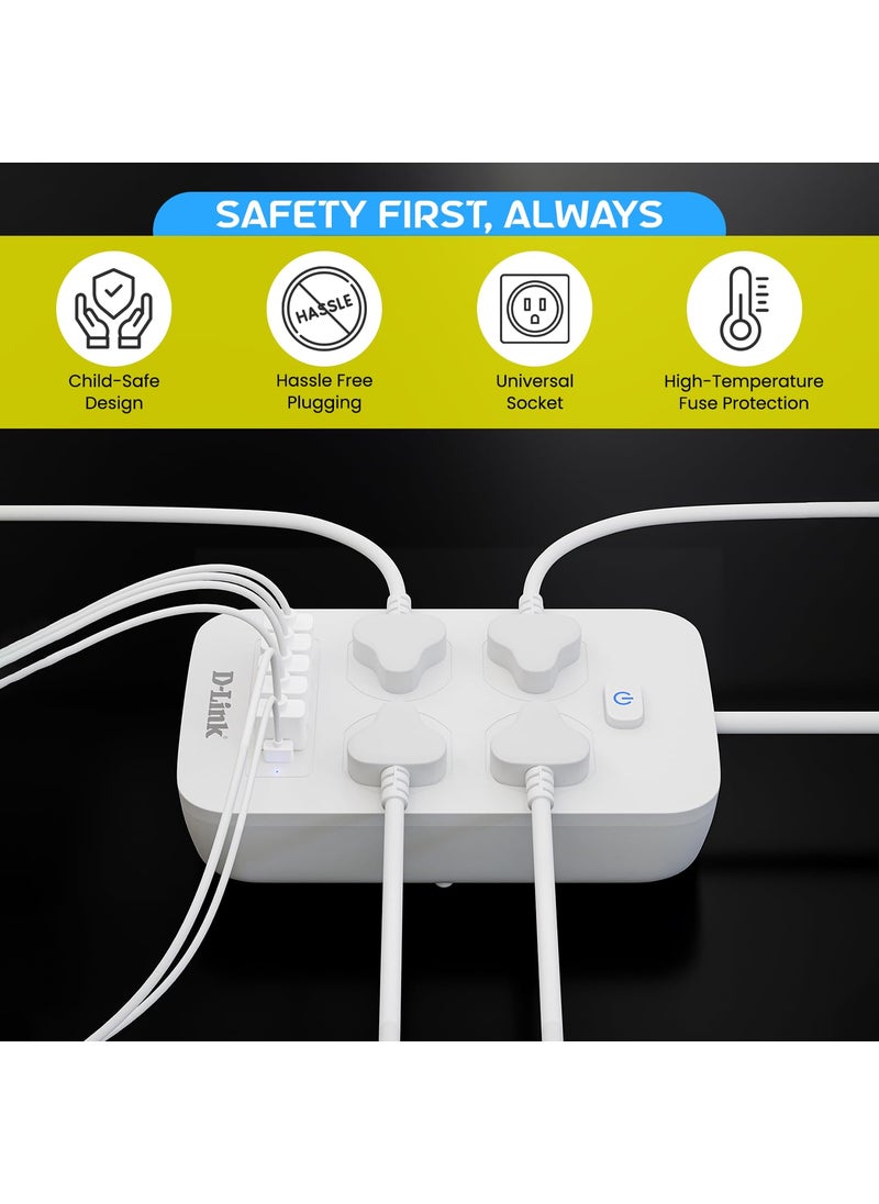 D-Link DLink Power Strip with 4 Universal Sockets with Child Security 5 USB Ports 1 TypeC Port High Temperature Fuse Protector 1500W with 2 Meter Cable  - Image 4