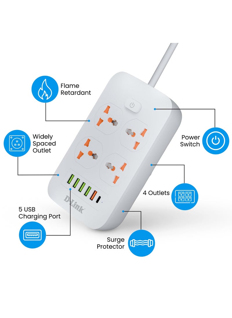 D-Link DLink Power Strip with 4 Universal Sockets with Child Security 5 USB Ports 1 TypeC Port High Temperature Fuse Protector 1500W with 2 Meter Cable  - Image 5