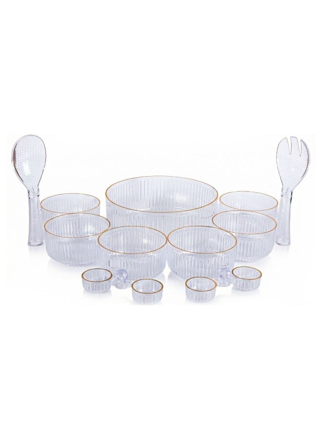 11-piece acrylic dining serving set with 1 main bowl, 6 inner side dip bowls, 2 servers, and 2 shakers. Durable, lightweight, and ideal for snacks and salads. - Image 1