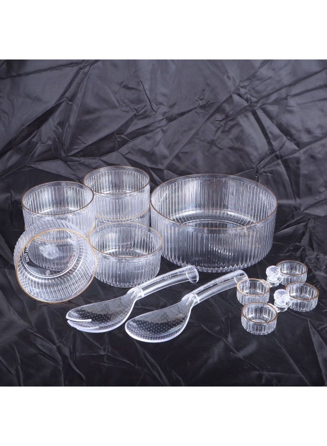 11-piece acrylic dining serving set with 1 main bowl, 6 inner side dip bowls, 2 servers, and 2 shakers. Durable, lightweight, and ideal for snacks and salads. - Image 2