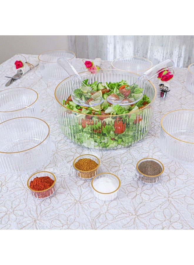 11-piece acrylic dining serving set with 1 main bowl, 6 inner side dip bowls, 2 servers, and 2 shakers. Durable, lightweight, and ideal for snacks and salads. - Image 3