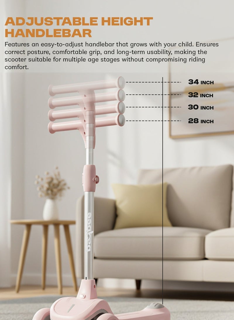 بيبي سكوتر جلايد للأطفال، سكوتر بثلاث عجلات، قابل للطي، بمقبض قابل لتعديل الارتفاع بأربعة مستويات، مزود بعجلات من البولي يوريثان وإضاءة LED، سكوتر ذكي للأطفال من عمر 3 إلى 12 سنة، للأولاد والبنات، لون وردي - Image 5