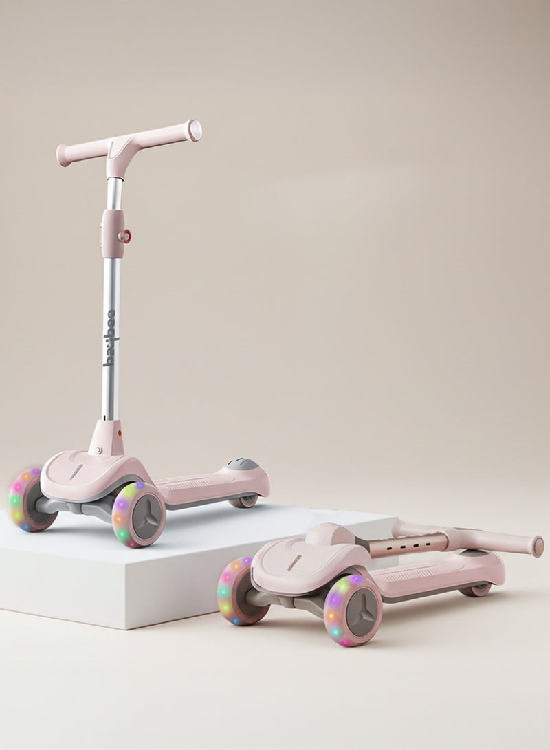 بيبي سكوتر جلايد للأطفال، سكوتر بثلاث عجلات، قابل للطي، بمقبض قابل لتعديل الارتفاع بأربعة مستويات، مزود بعجلات من البولي يوريثان وإضاءة LED، سكوتر ذكي للأطفال من عمر 3 إلى 12 سنة، للأولاد والبنات، لون وردي - Image 1