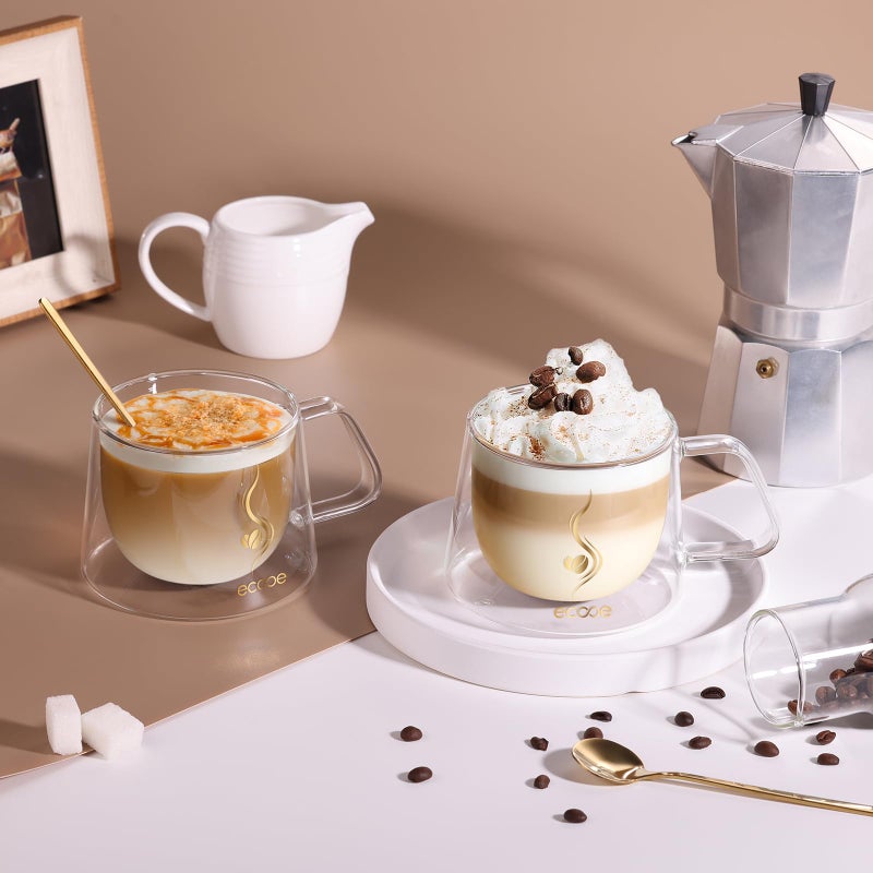 ecooe Double Walled Glass Coffee Mug 12oz Cappuccino Latte Macchiato Cups Set of 2 Clear Glass Coffee Cups with Handle, Double Wall Glass Cup for Tea Milk Juice Ice Cream, Birthday Gifts for Mum Dad - Image 4