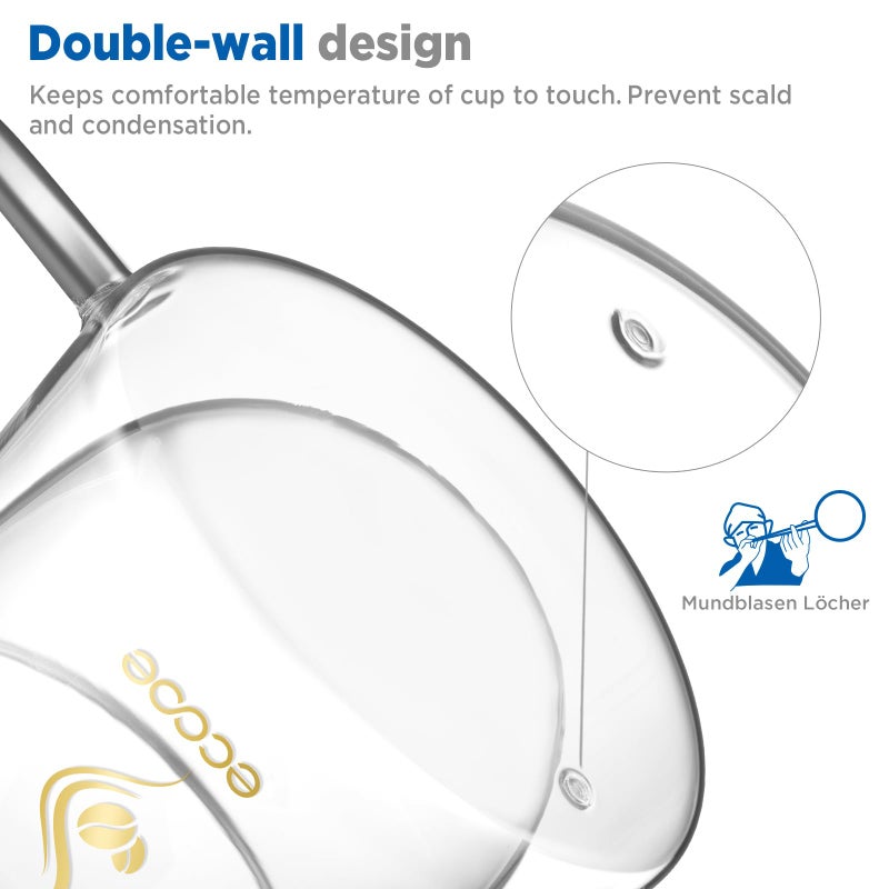 ecooe Double Walled Glass Coffee Mug 12oz Cappuccino Latte Macchiato Cups Set of 2 Clear Glass Coffee Cups with Handle, Double Wall Glass Cup for Tea Milk Juice Ice Cream, Birthday Gifts for Mum Dad - Image 3