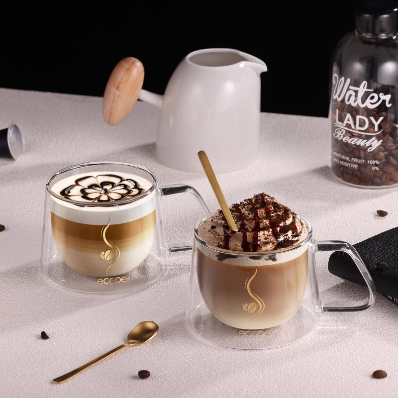ecooe Double Walled Glass Coffee Mug 12oz Cappuccino Latte Macchiato Cups Set of 2 Clear Glass Coffee Cups with Handle, Double Wall Glass Cup for Tea Milk Juice Ice Cream, Birthday Gifts for Mum Dad - Image 5