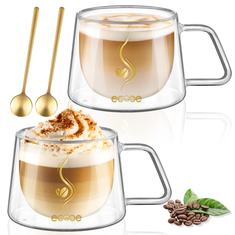 ecooe Double Walled Glass Coffee Mug 12oz Cappuccino Latte Macchiato Cups Set of 2 Clear Glass Coffee Cups with Handle, Double Wall Glass Cup for Tea Milk Juice Ice Cream, Birthday Gifts for Mum Dad - Image 1