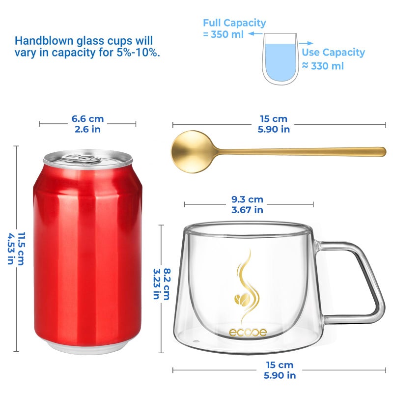 ecooe Double Walled Glass Coffee Mug 12oz Cappuccino Latte Macchiato Cups Set of 2 Clear Glass Coffee Cups with Handle, Double Wall Glass Cup for Tea Milk Juice Ice Cream, Birthday Gifts for Mum Dad - Image 2