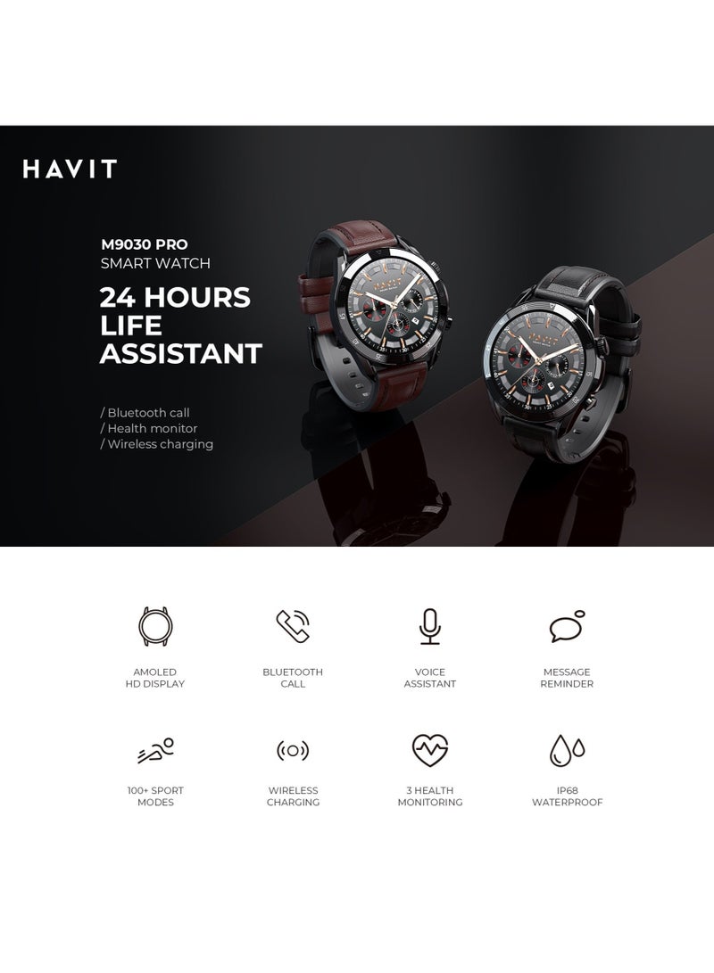 havit Smart Watch for Men and Women – AMOLED Always-On Display, Bluetooth Calling, IP68 Water Resistant, Heart Rate & Sleep Monitoring, 100+ Sports Modes, Wireless Charging, Fitness Tracker with Smart Notifications, Customizable Watch Faces – for Android and iOS (Brown/Black) - Image 2