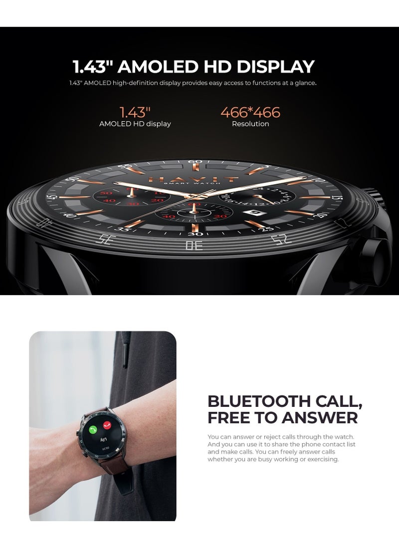 havit Smart Watch for Men and Women – AMOLED Always-On Display, Bluetooth Calling, IP68 Water Resistant, Heart Rate & Sleep Monitoring, 100+ Sports Modes, Wireless Charging, Fitness Tracker with Smart Notifications, Customizable Watch Faces – for Android and iOS (Brown/Black) - Image 3