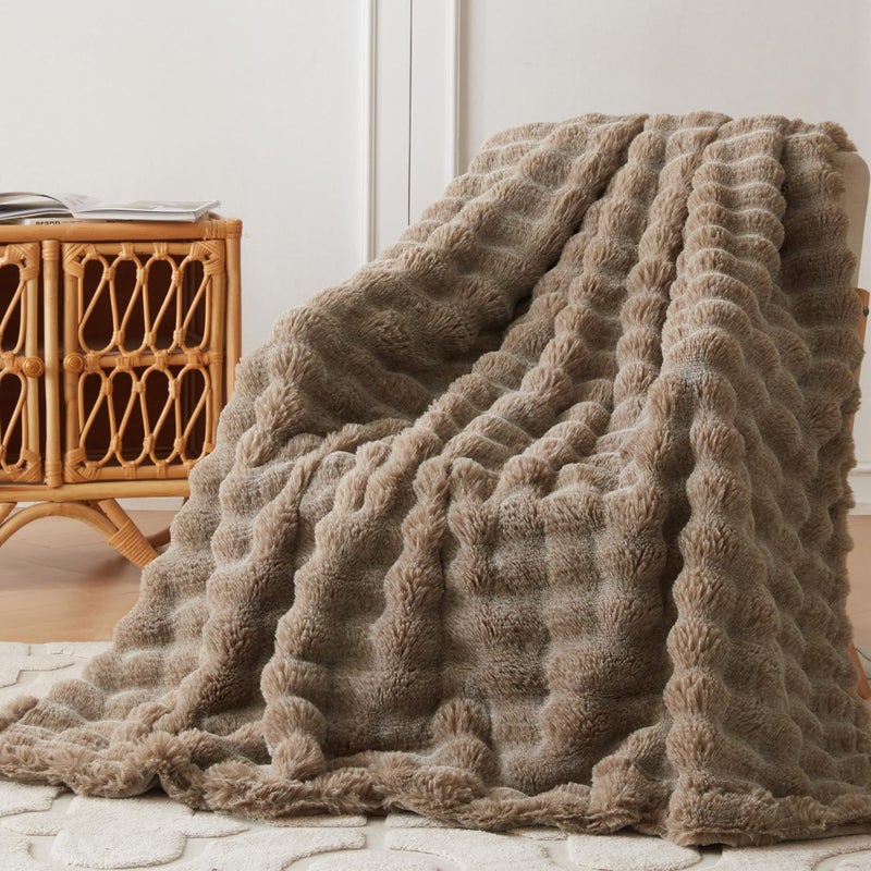COOVA Faux Rabbit Fur & Flannel Throw Blanket 60x80 Inch - Luxury Fuzzy & Cozy Soft Twin Size Blanket for All Seasons  Breathable and Comfortable for Bed  Couch  and Camping Cationic Brown - Image 1
