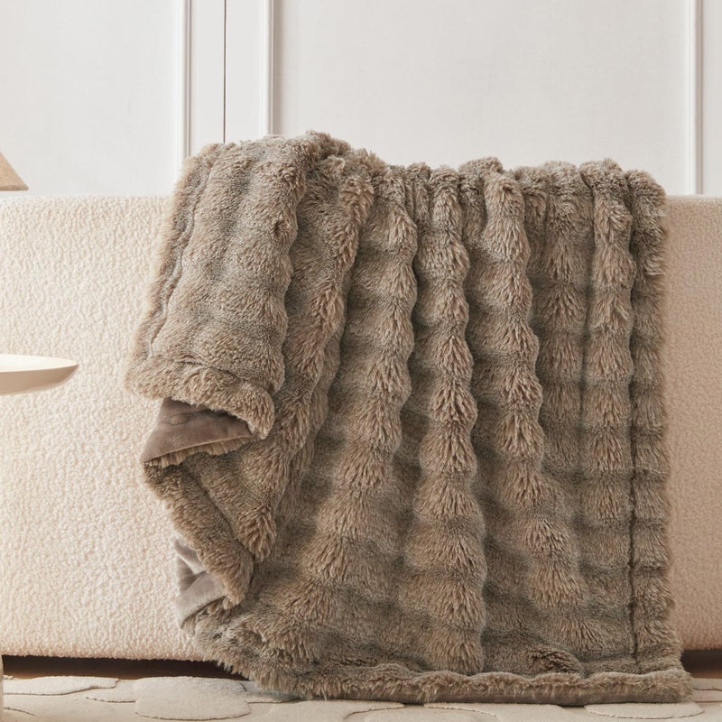 COOVA Faux Rabbit Fur & Flannel Throw Blanket 60x80 Inch - Luxury Fuzzy & Cozy Soft Twin Size Blanket for All Seasons  Breathable and Comfortable for Bed  Couch  and Camping Cationic Brown - Image 4