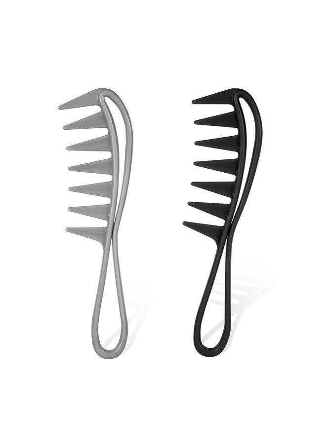 SAVITA 2 قطع مشط واسع الأسنان، أمشاط كبيرة ذات نسيج مشط واسع لتمويج الشعر بأنياب سمكة القرش لأدوات تصفيف الشعر للشعر المجعد والرطب والمجعد والسميك والباربر وصالون التجميل، للنساء والرجال (أسود) - Image 1