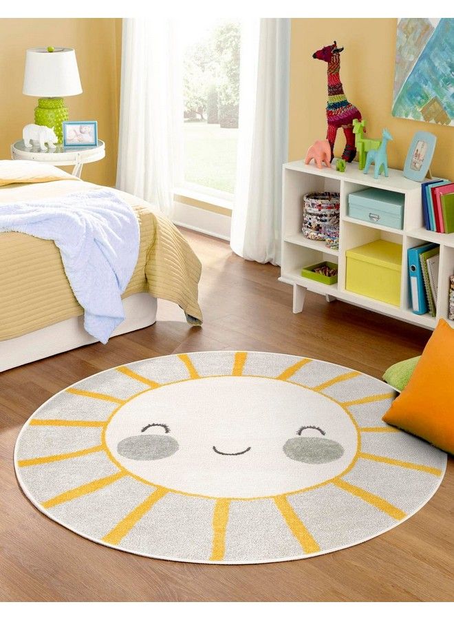 Unique Loom Whimsy Kids Collection Area Rug Smiling Sunshine (Round 3' 3" X 3' 3" Gray Yellow) - Image 1