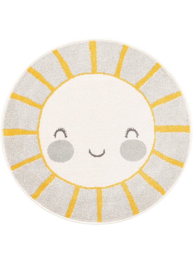 Unique Loom Whimsy Kids Collection Area Rug Smiling Sunshine (Round 3' 3" X 3' 3" Gray Yellow) - Image 3
