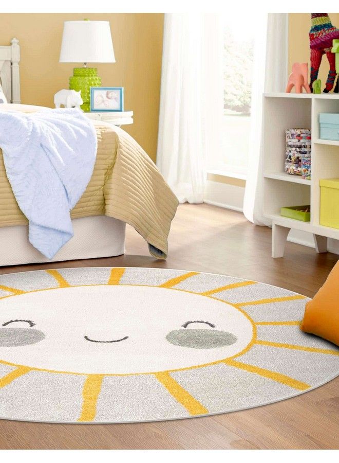 Unique Loom Whimsy Kids Collection Area Rug Smiling Sunshine (Round 3' 3" X 3' 3" Gray Yellow) - Image 4