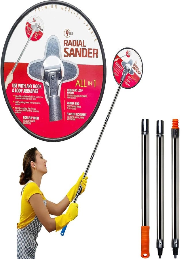 SACKORANGE 9 Inch Radial Hand Drywall Sander with 3 PCS Pole (4 Ft Long)-Premium Wall Cleaning and Polishing Tool with Hook and Loop System-A Unique Metal Pivoting Hinge Drywall Sander - Image 1