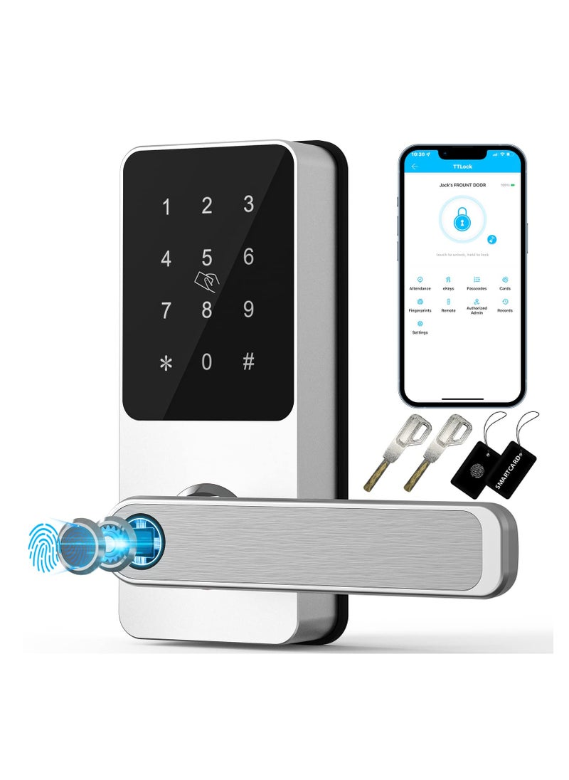 KASTWAVE Keyless Entry Door Lock: Smart Locks for Front Door, Electronic Keypad Fingerprint Door Lock with 6-in-1 Unlock - Fingerprint, Bluetooth, Code, IC Card, Key, Remote Unlock (Silver)  - Image 1
