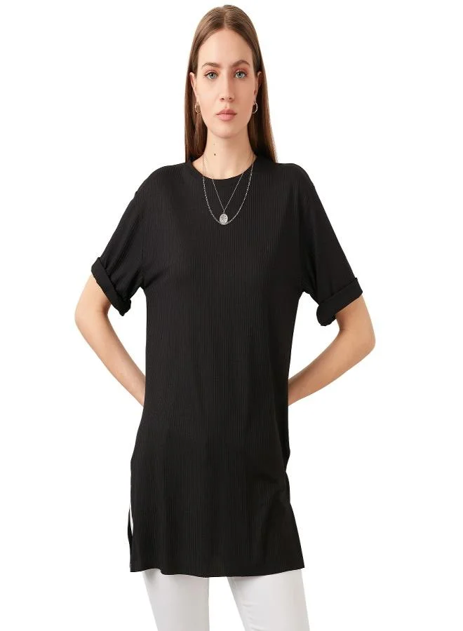 Lela Lela Oversize Crew Neck Blouse with Slit Detail Women's Blouse 5863683