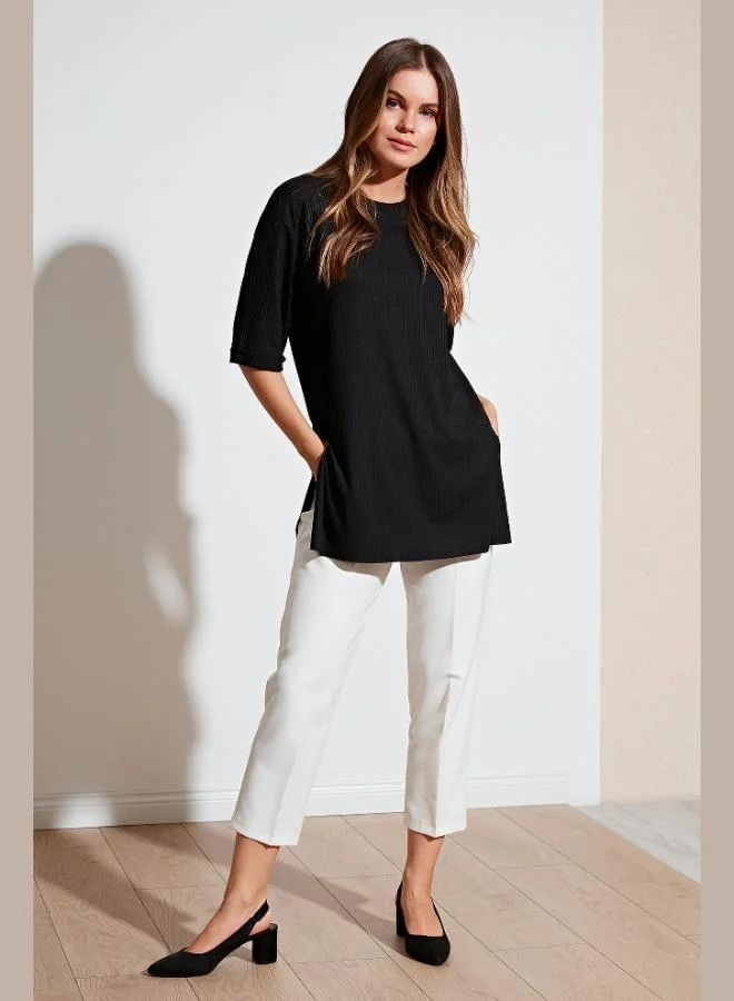 Lela Lela Oversize Crew Neck Blouse with Slit Detail Women's Blouse 5863683
