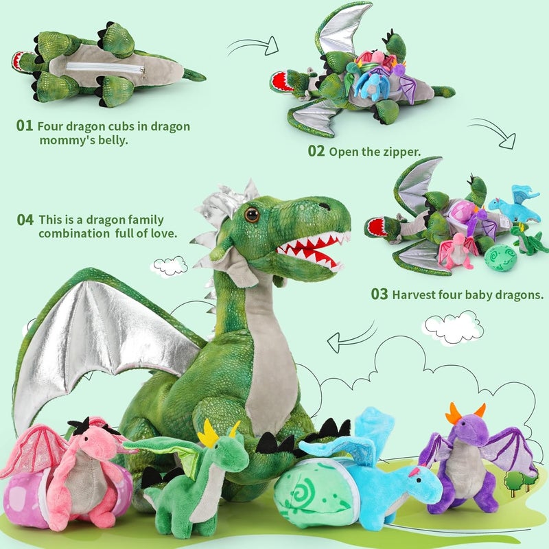 MorisMos 55 cm Standing Dragon Cuddly Toy with Baby in Belly, Green Large Plush Dragon Cuddly Toys XXL, Fluffy Stuffed Toy Dragor Dragon Teddys Gift for Boys - Image 2