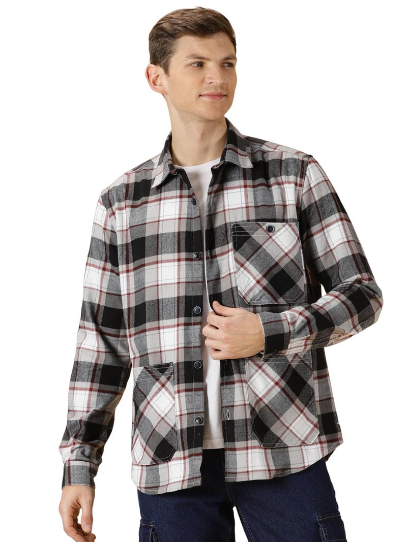 Thomas Scott Men Classic Spread Collar Long Sleeves Checkered Shacket (Black, Large) - Image 1