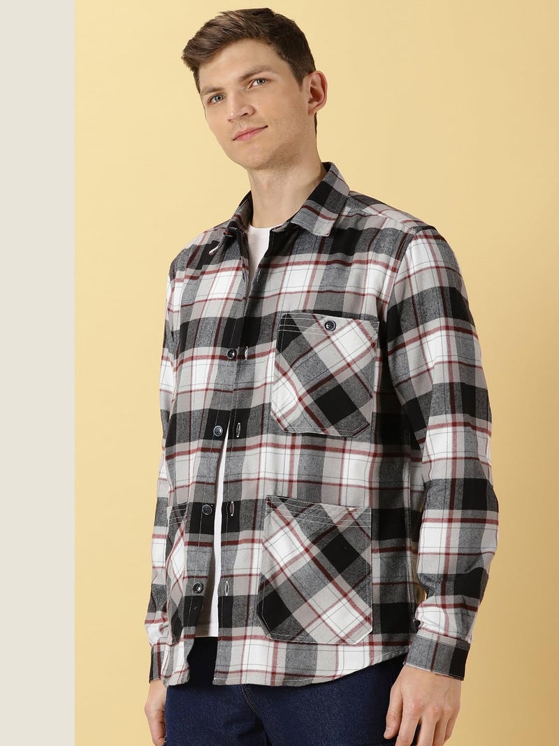 Thomas Scott Men Classic Spread Collar Long Sleeves Checkered Shacket (Black, Large) - Image 3
