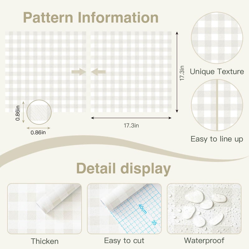 Fiula Plaid Wallpaper Neutral Wallpaper 78.7"Ã—17.3" Checkered Wall Paper Peel and Stick Modern Beige Contact Paper for Cabinets Vinyl Renter Friendly Waterproof Self-Adhesive Bathroom Kitchen Bedroom - Image 3