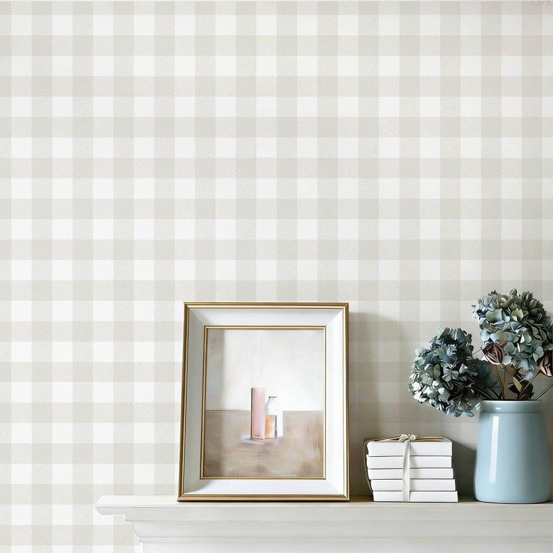 Fiula Plaid Wallpaper Neutral Wallpaper 78.7"Ã—17.3" Checkered Wall Paper Peel and Stick Modern Beige Contact Paper for Cabinets Vinyl Renter Friendly Waterproof Self-Adhesive Bathroom Kitchen Bedroom - Image 1