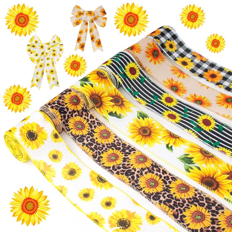 Mlurcu Sunflower Ribbon  6 Rolls 40 Yards Wired Edge Yellow 25 Inch Burlap Plaid Stripe Summer Fall Floral Bow Wreath DIY Crafts Party Decoration