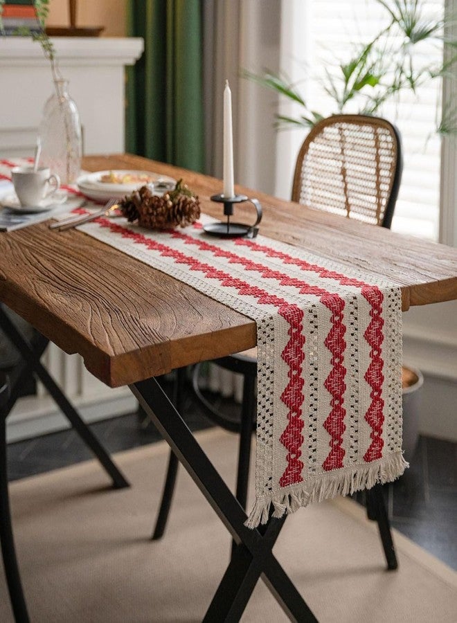 Alynsehom Macrame Table Runner Beige and Red Heart Table Runners with Tassels Hand Woven Cotton Table Runner Rustic Farmhouse Table Runners for Valentine's Day Bohemian Kitchen Dining Table(12x71in) - Image 3