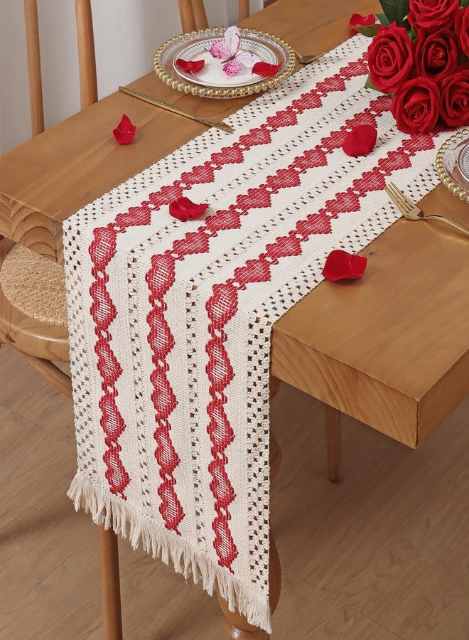 Alynsehom Macrame Table Runner Beige and Red Heart Table Runners with Tassels Hand Woven Cotton Table Runner Rustic Farmhouse Table Runners for Valentine's Day Bohemian Kitchen Dining Table(12x71in) - Image 5