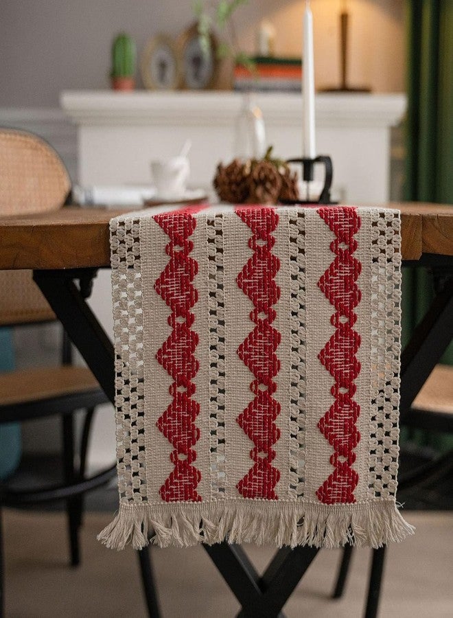 Alynsehom Macrame Table Runner Beige and Red Heart Table Runners with Tassels Hand Woven Cotton Table Runner Rustic Farmhouse Table Runners for Valentine's Day Bohemian Kitchen Dining Table(12x71in) - Image 4