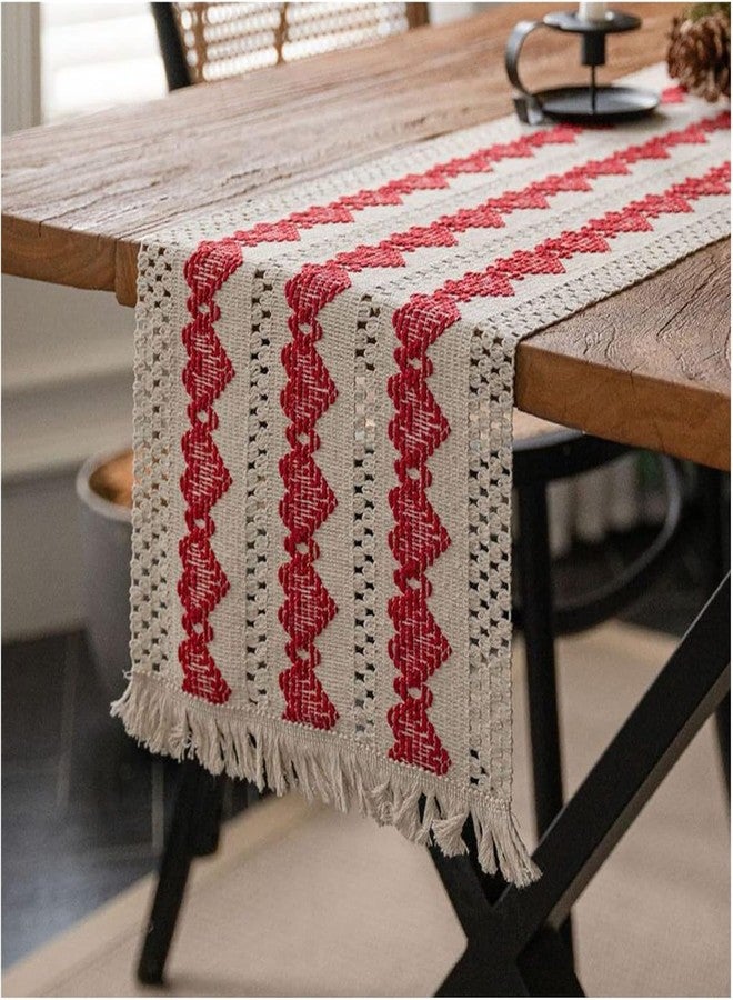 Alynsehom Macrame Table Runner Beige and Red Heart Table Runners with Tassels Hand Woven Cotton Table Runner Rustic Farmhouse Table Runners for Valentine's Day Bohemian Kitchen Dining Table(12x71in) - Image 2