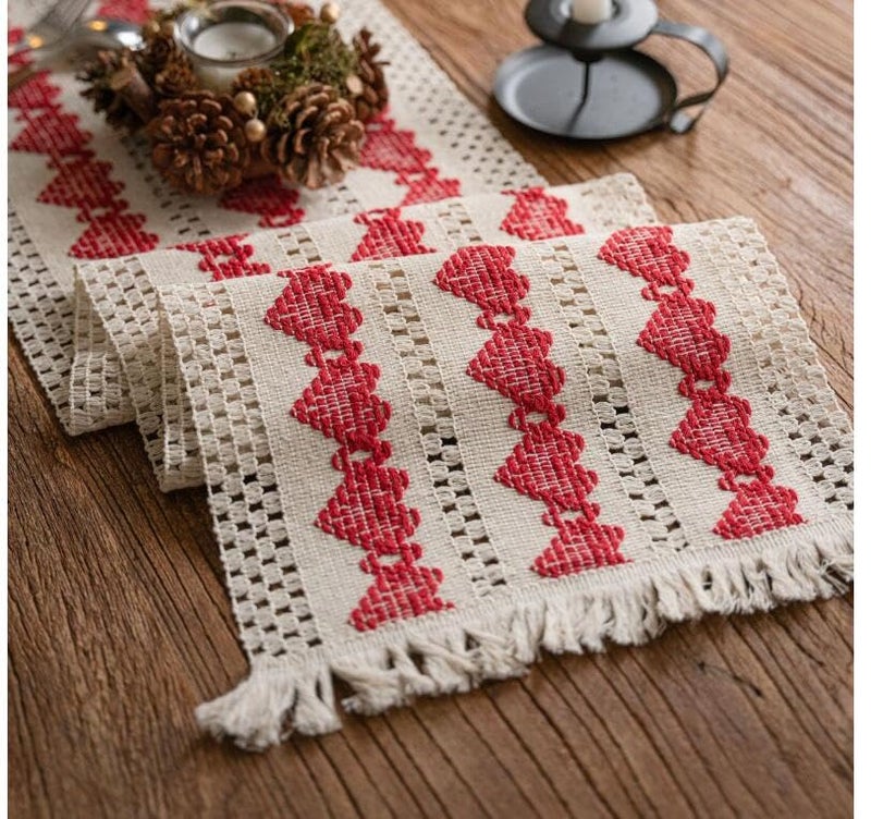 Alynsehom Macrame Table Runner Beige and Red Heart Table Runners with Tassels Hand Woven Cotton Table Runner Rustic Farmhouse Table Runners for Valentine's Day Bohemian Kitchen Dining Table(12x71in) - Image 1