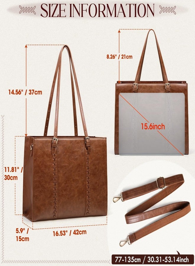 RAINSMORE Laptop Bag for Women, 15.6 inch Laptop Tote Bag PU Leather Computer Work Bag Lightweight Shoulder Handbags, Brown - Image 3