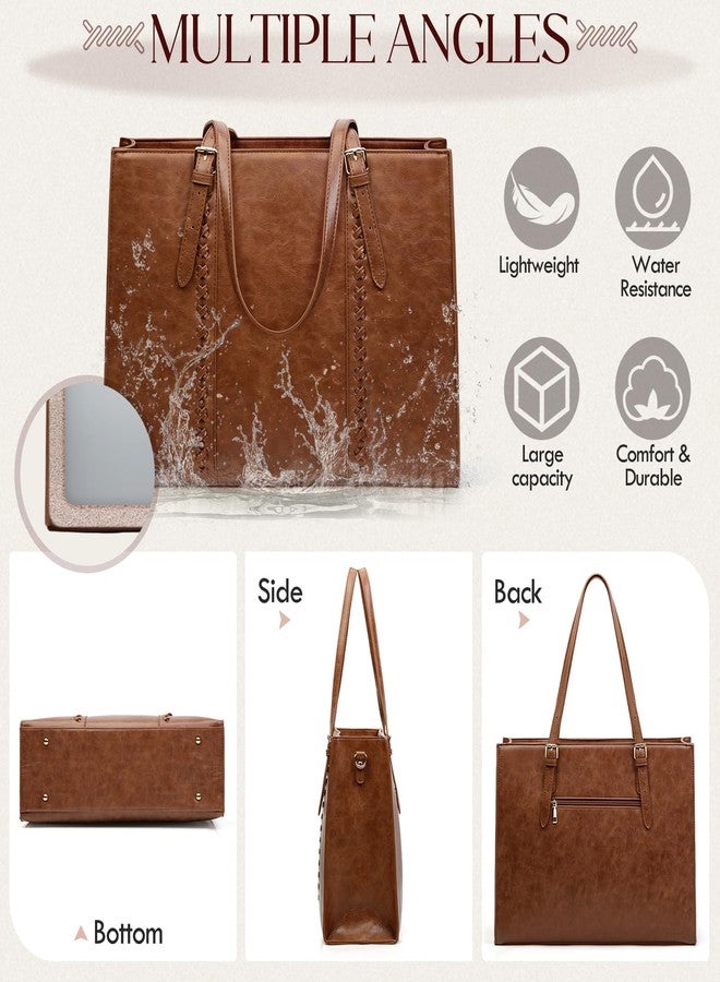 RAINSMORE Laptop Bag for Women, 15.6 inch Laptop Tote Bag PU Leather Computer Work Bag Lightweight Shoulder Handbags, Brown - Image 4