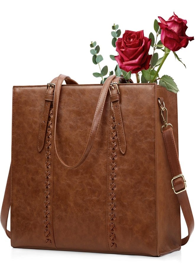 RAINSMORE Laptop Bag for Women, 15.6 inch Laptop Tote Bag PU Leather Computer Work Bag Lightweight Shoulder Handbags, Brown - Image 1
